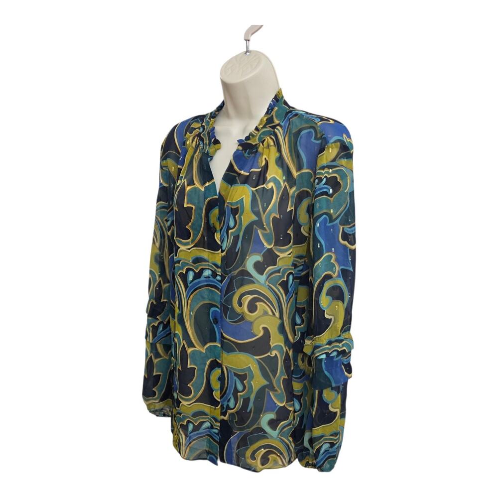 Chico’s Abstract Print Sheer Blouse Blue Green Yellow Ruffle Neck Metal Size L - Picture 2 of 8